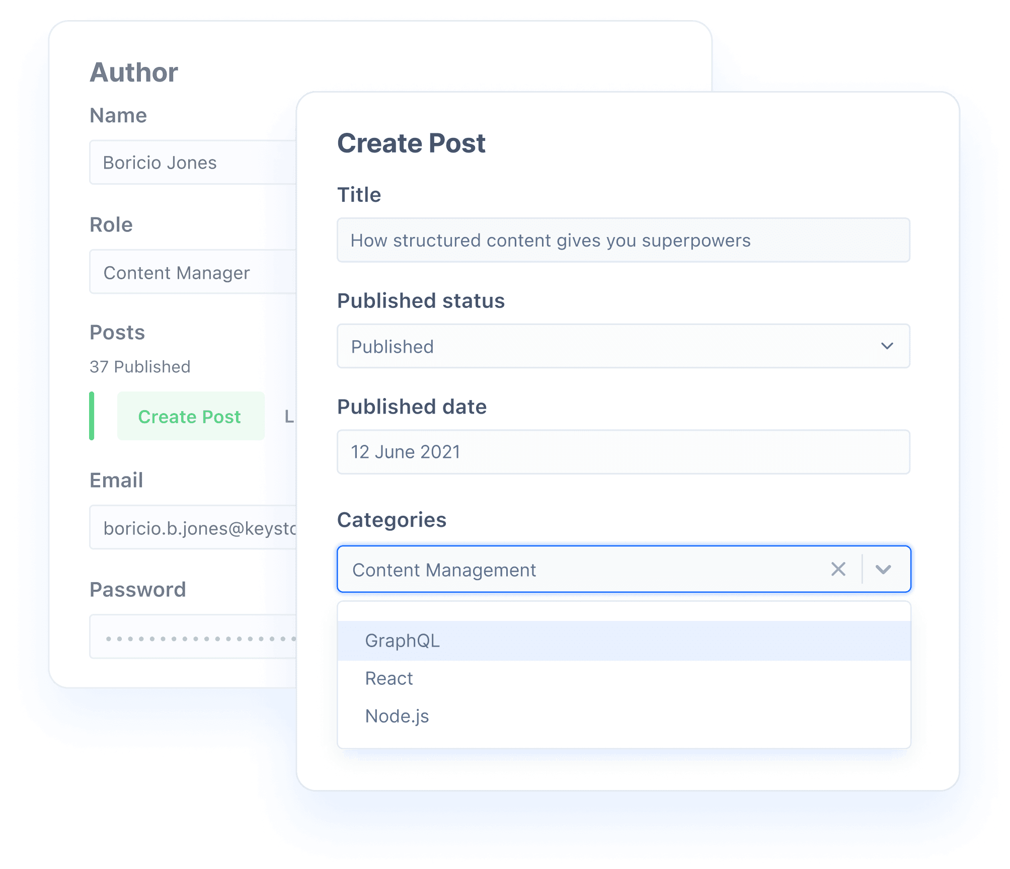 2 Admin UI panes showing creation of relationships in place. Author window opens up a Create Post window where Post categories can be selected.